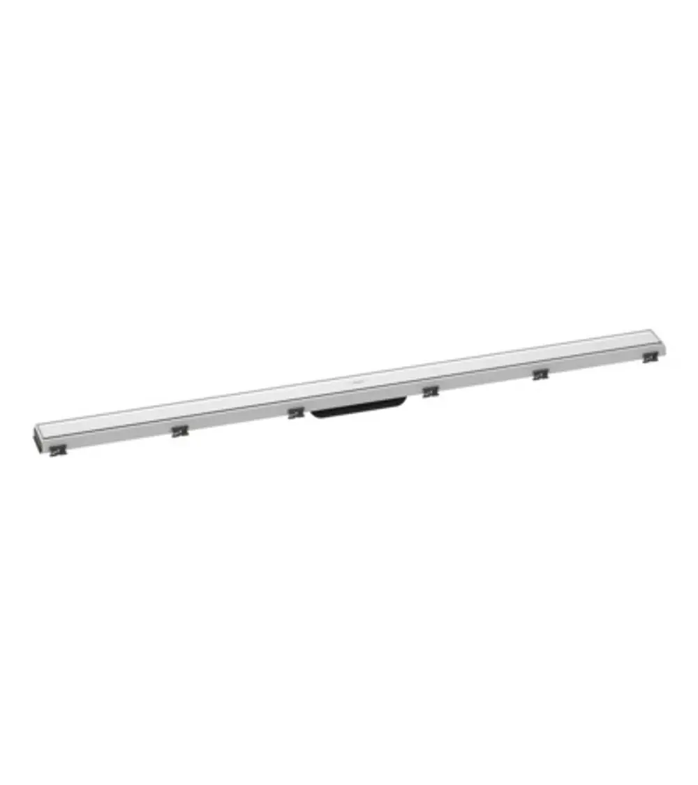 Lange, flache Duschrinne in Silber mit höhenverstellbarem Rahmen und einem integrierten schwarzen Griff von Hansgrohe, für die Installation in Duschen.